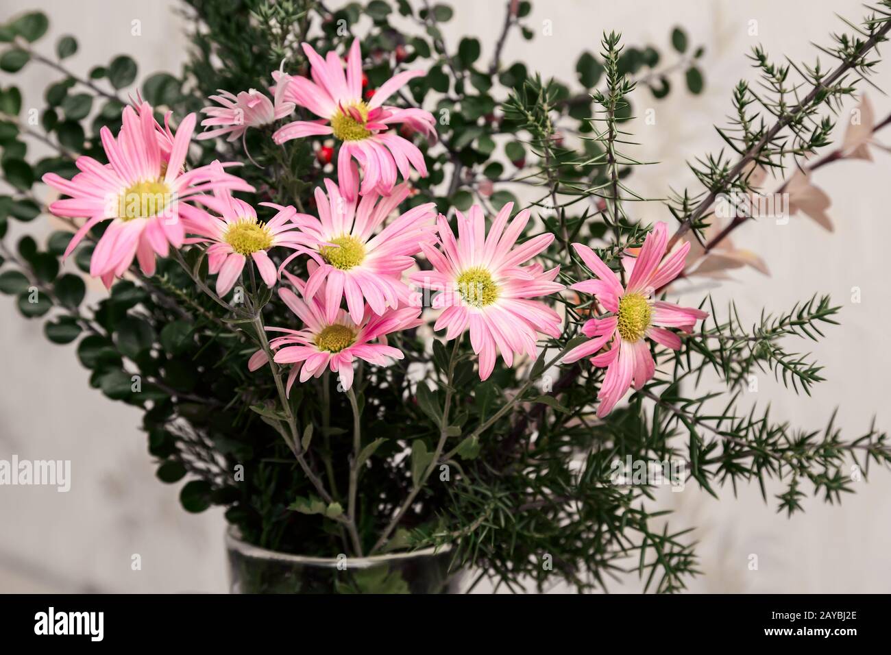 Bouquet de chrysanthèmes roses dans un vase en verre Banque D'Images