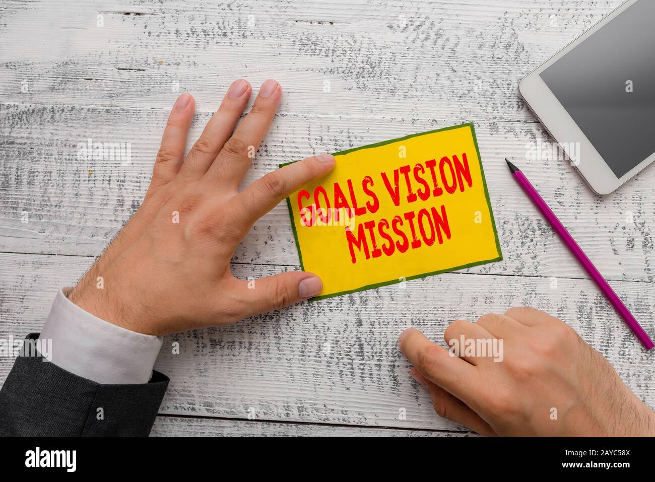 Écriture de texte objectifs Vision Mission. Concept signification processus de planification pratique utilisé pour aider le groupe communautaire. Banque D'Images