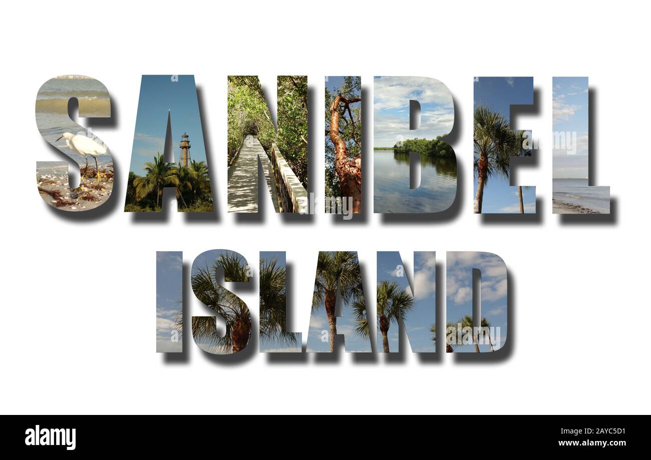 Collage de Sanibel Island en Floride sur blanc Banque D'Images
