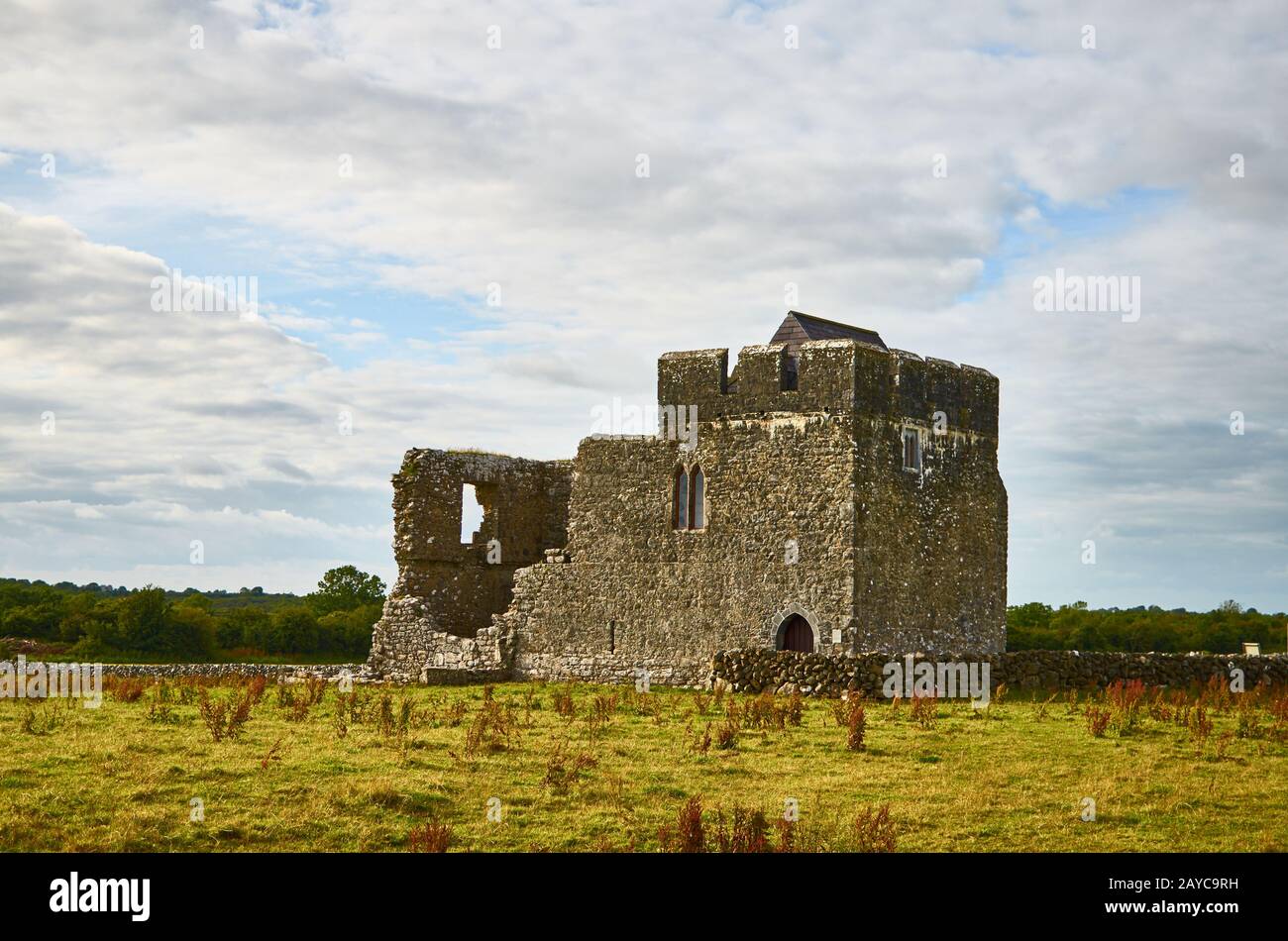 Irish celtic paysage concept. Ruines médiévales d'un temple construit de calcaire. Banque D'Images