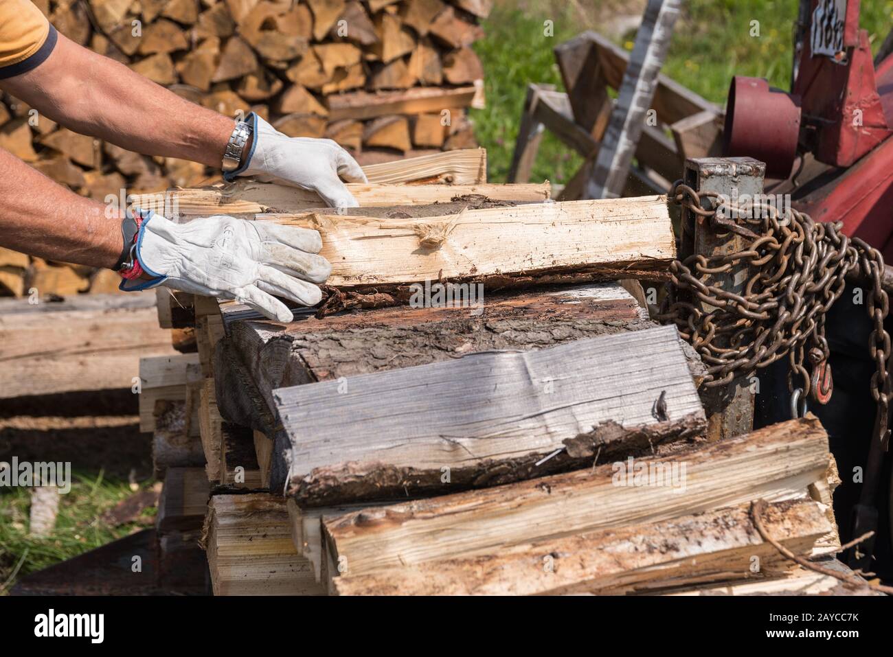 Les grumes en bois sont concédées pour l'hiver comme stock de bois de chauffage - gros plan Banque D'Images