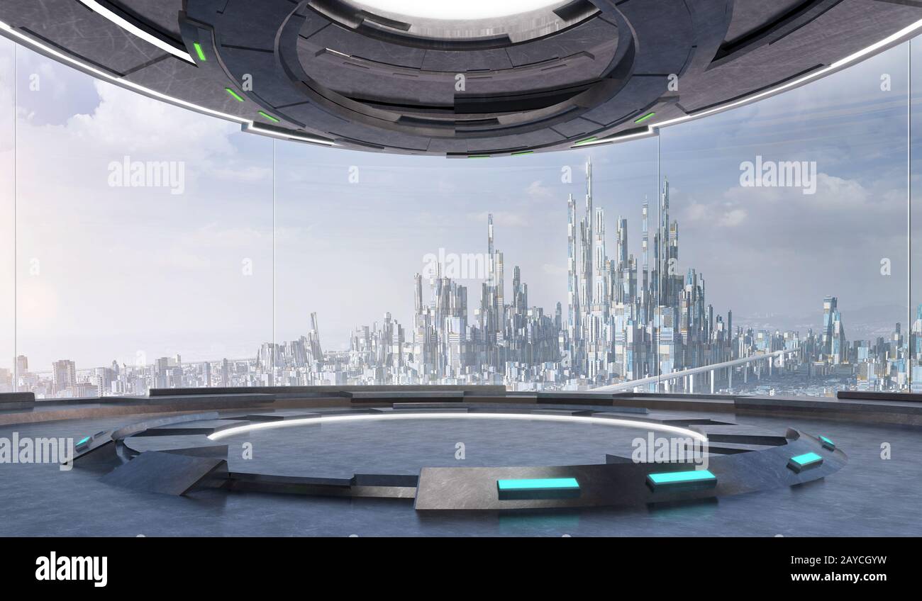 Design intérieur futuriste espace vide avec grandes fenêtres et paysage urbain futuriste . rendu d'illustration tridimensionnelle . Banque D'Images