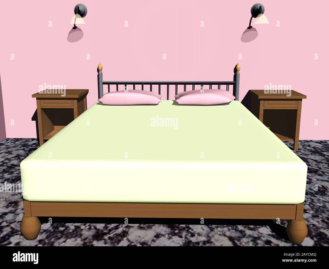 Chambre avec lit double et tables de chevet Banque D'Images