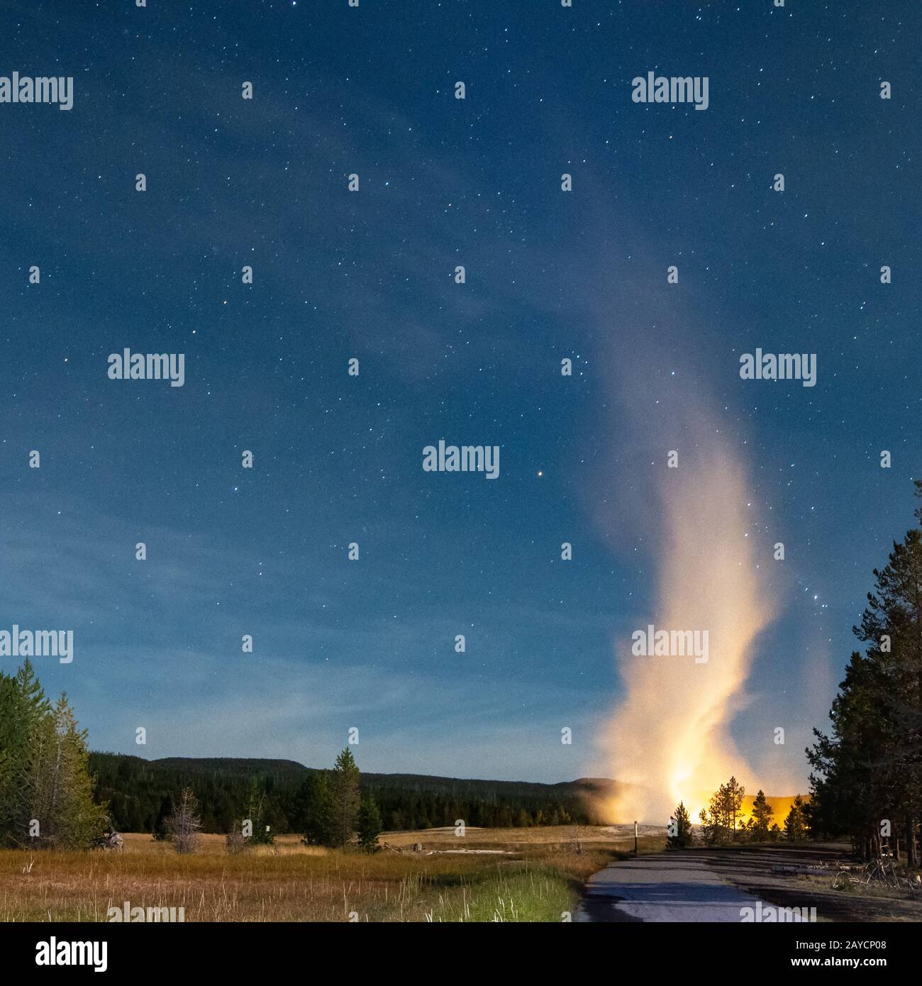 Éruption du vieux geyser fidèle au parc national de Yellowstone la nuit Banque D'Images