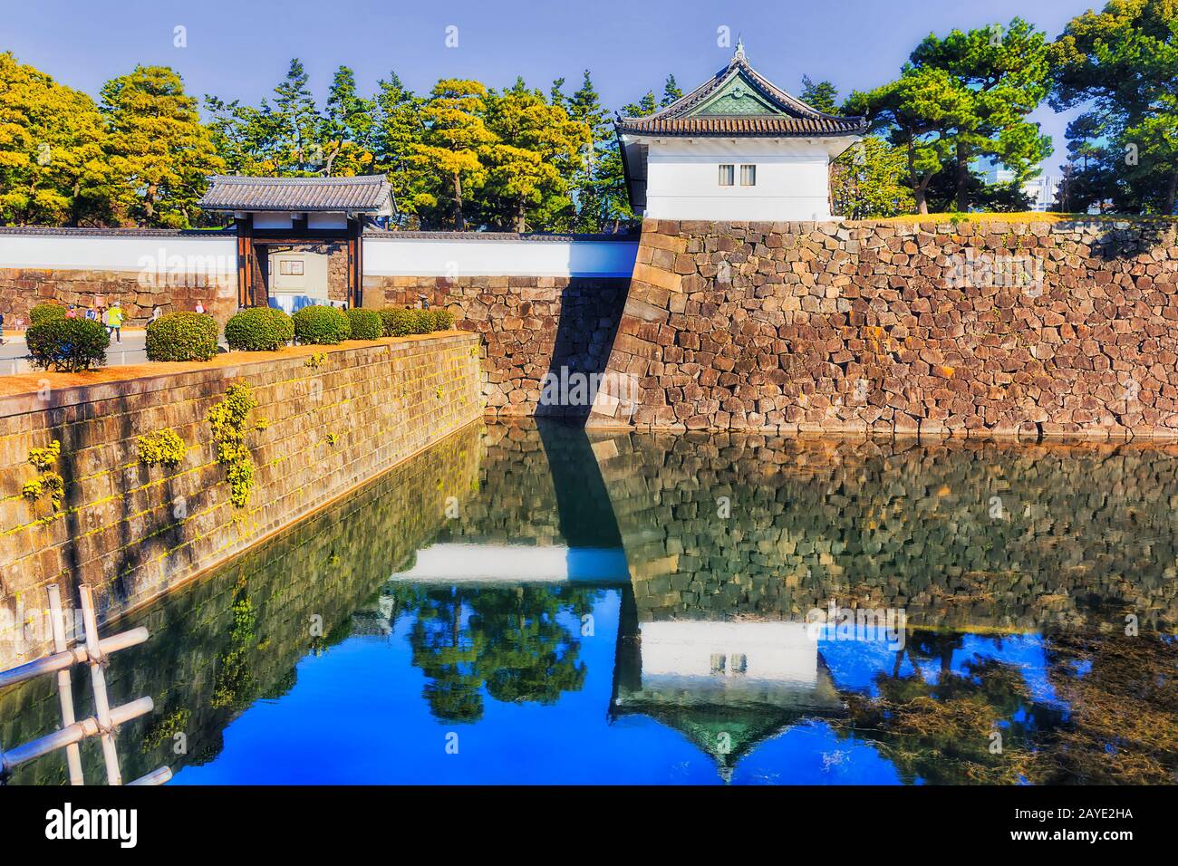 Des murs en pierre forts et une large lune d'eau autour du château et du parc Imperial edo dans la ville de Tokyo, par une journée ensoleillée. Banque D'Images