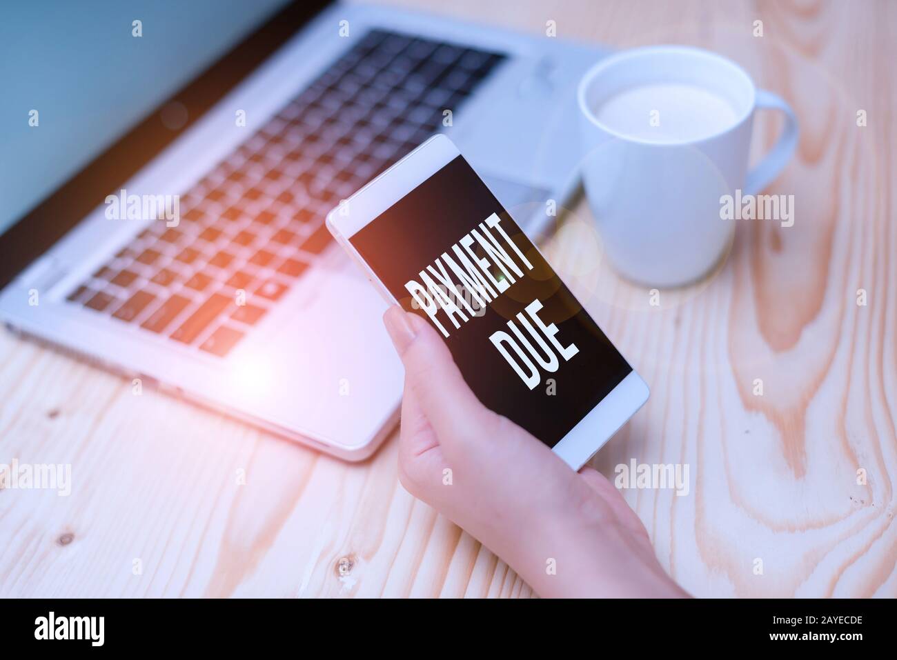 Note écrite indiquant le paiement dû. Photo d'entreprise présentant la date à laquelle le paiement doit être reçu par la femme d'entreprise avec l Banque D'Images