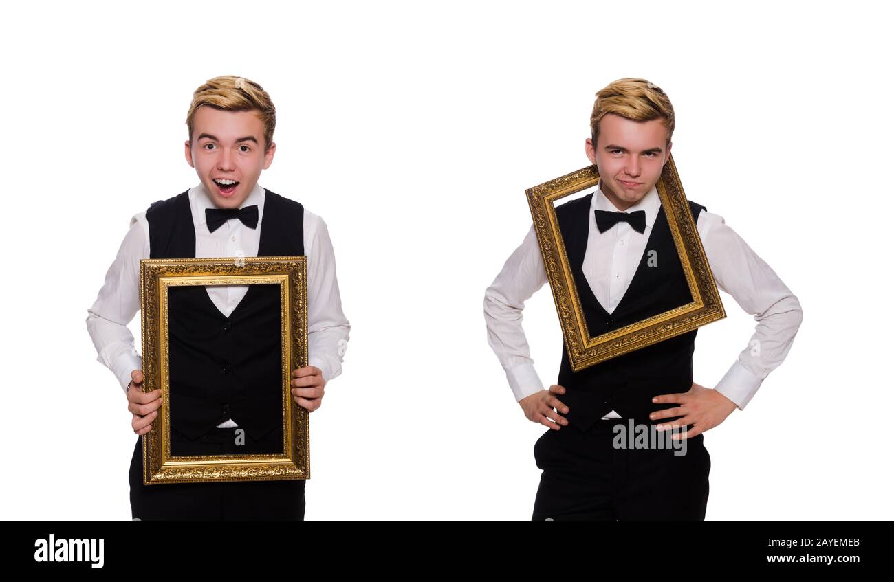 Young man holding frame isolated on white Banque D'Images