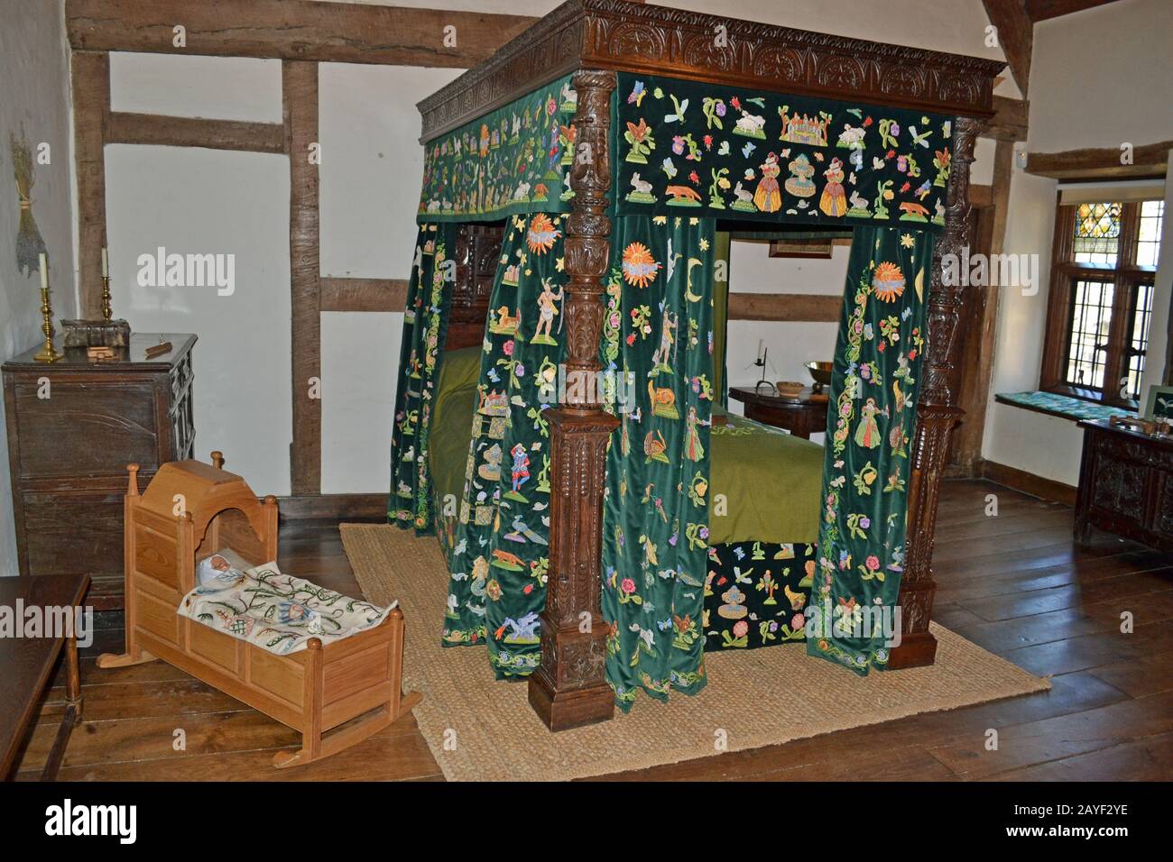 Chambre, Sulgrave Manor, Oxfordshire Royaume-Uni. Construit en 1539 pour le marchand de laine Tudor Lawrence Washington, ancêtre de George Washington, le premier président américain. Banque D'Images