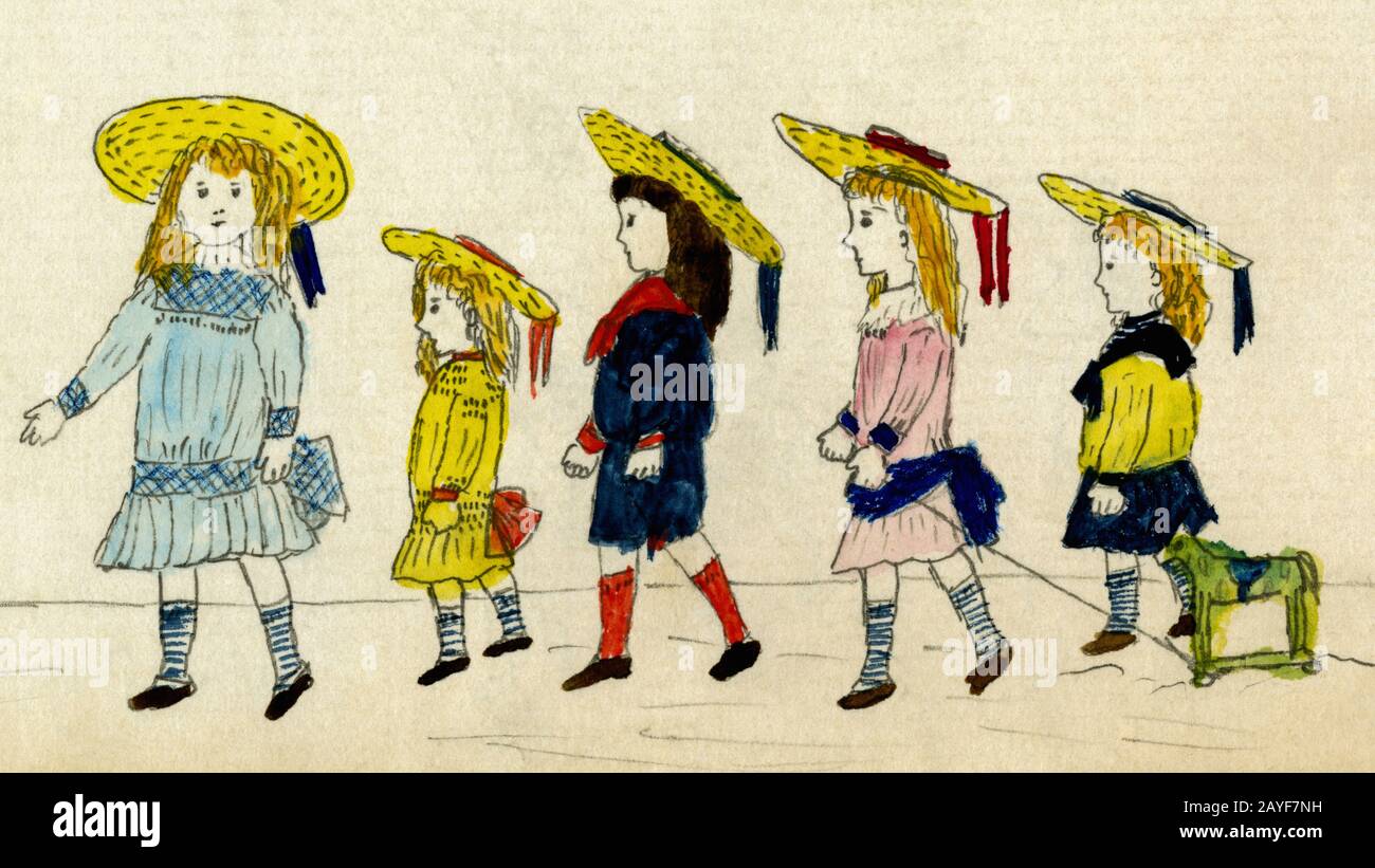 Promenade estivale en chapeaux de paille vers 1885. Aquarelle peinte en 1885 ou vers par un enfant victorien vivant en Angleterre. Les filles en chapeaux de paille à large bord et robes élégantes avec des écharpes marchent dans un seul dossier. La fille en rose tire un chien jouet vert sur une plomb. Banque D'Images
