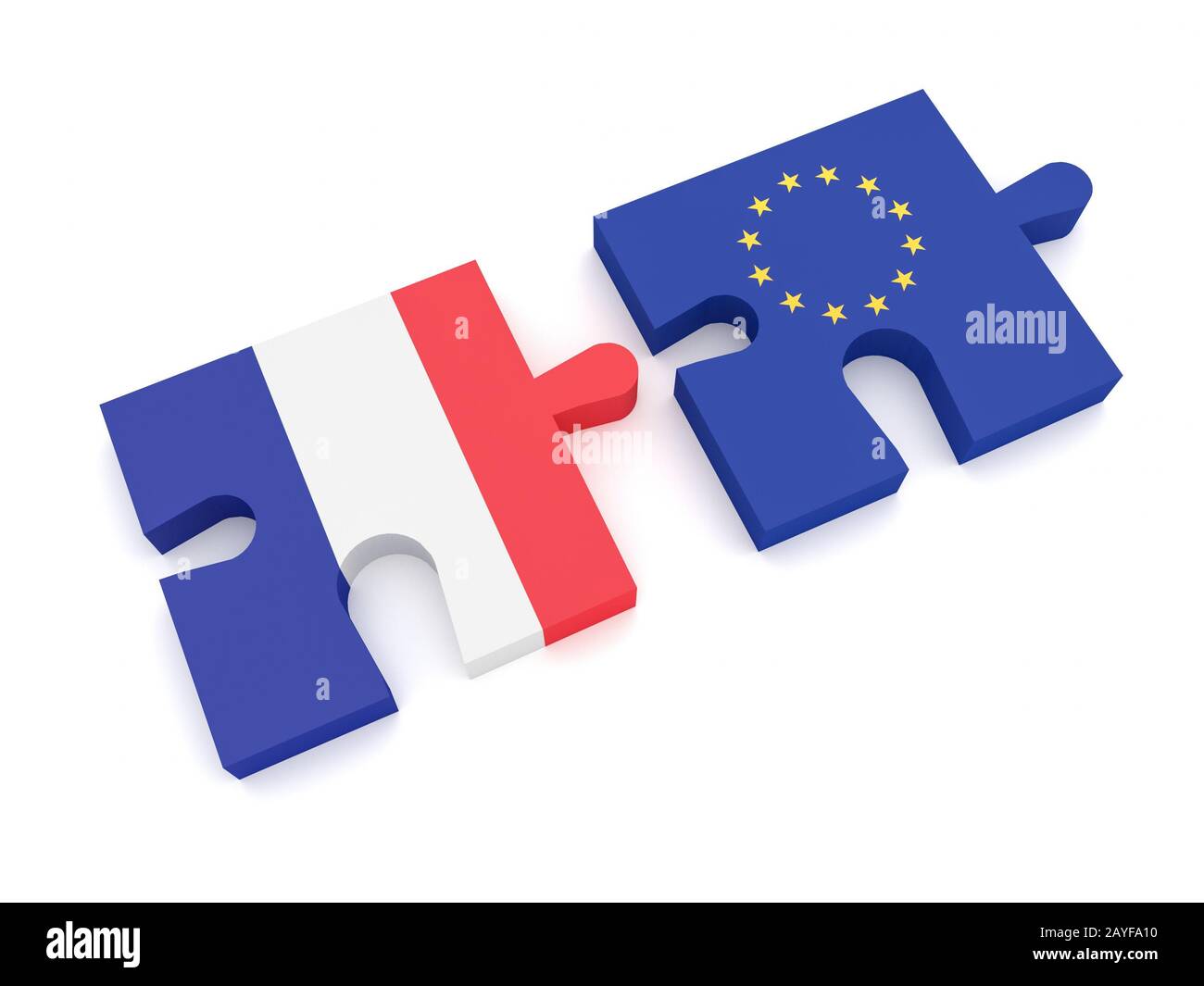 Partenariat UE-France : pièces de puzzle drapeau et drapeau français de l'Union européenne, illustration tridimensionnelle sur fond blanc Banque D'Images