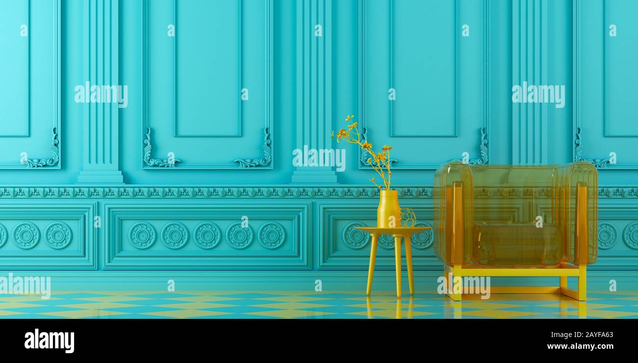 intérieur bleu turquoise vif avec fauteuil transparent moderne jaune et table cofee avec décoration sur un mur classique moulant, 3 Banque D'Images