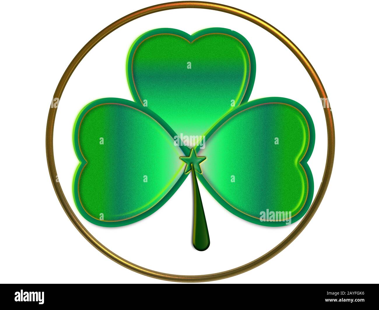 Illustration d'un trèfle shamrock vert avec tige et étoile dans le cercle d'or Saint Patricks Day Banque D'Images