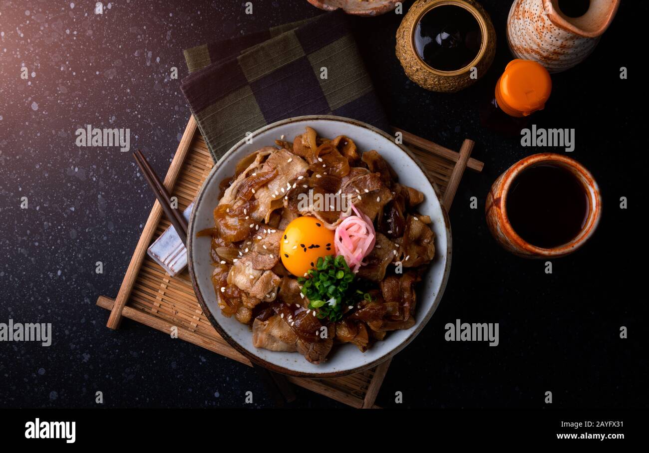 Riz japonais avec tranche de porc et sauce soja faire mijoter la garniture avec l'oeuf cru et l'oignon vert. Banque D'Images