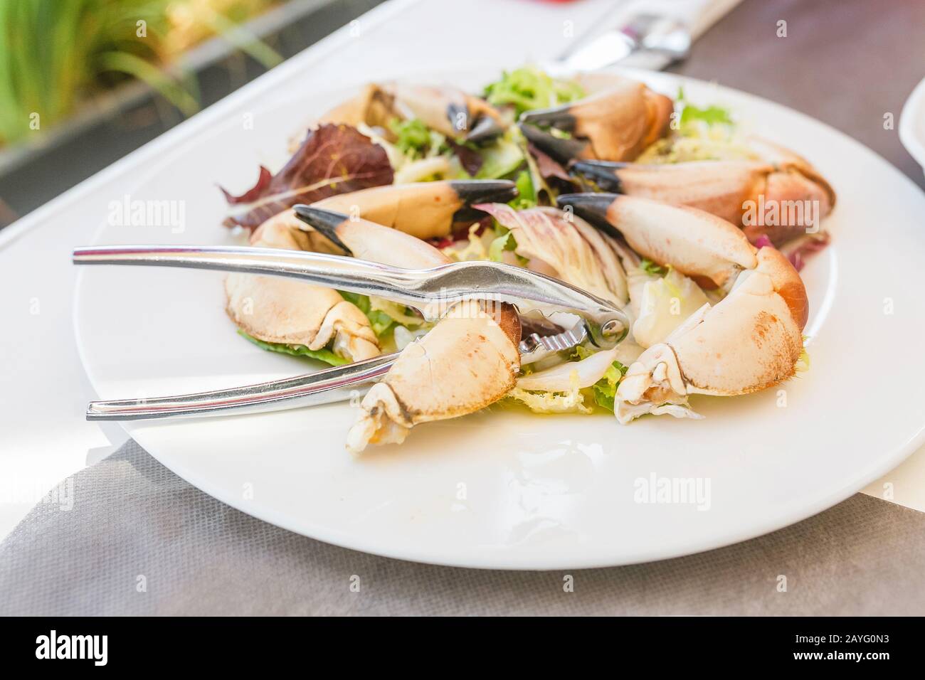 Des griffes de crabe bouillies sur une assiette dans le restaurant de fruits de mer Banque D'Images