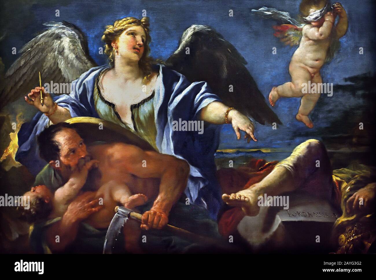 Histoire écrivant ses histoires sur les épaules Du Temps, 1682 Luca Giordano 1634-1705 était un peintre baroque tardif italien, Italie, Banque D'Images