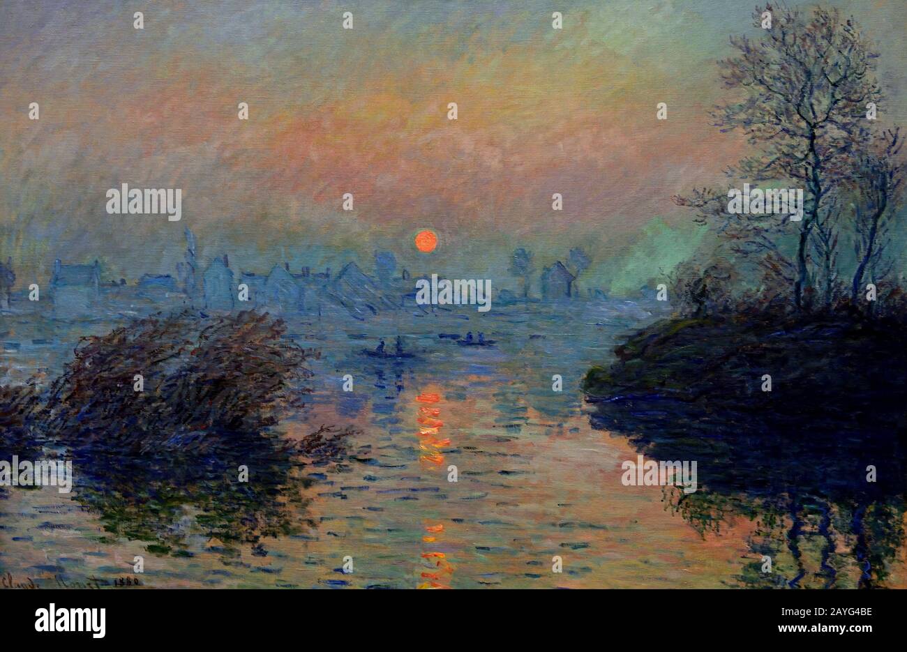 Coucher du soleil sur la seine à Lavacourt, effet d'hiver de 1880 par Claude Monet Paris, 1840 - Giverny, 1926 français, France. Banque D'Images