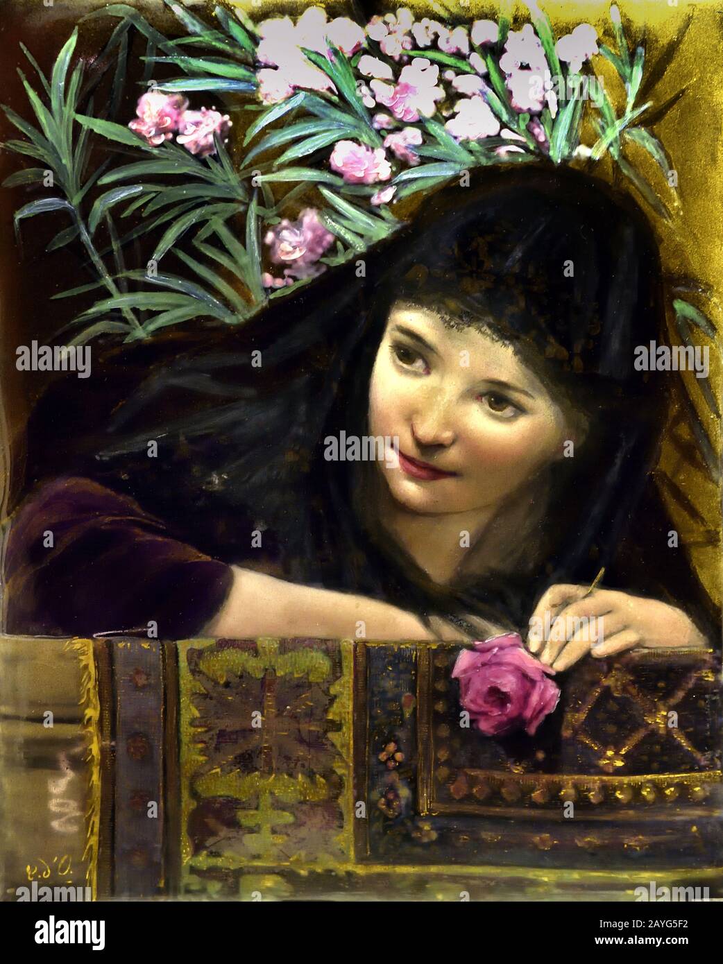 Jeune femme sur le balcon par Douëzy d'Ollendon Caroline 1832-1909 Français, France, ( Opaque et émaux translucides peints sur cuivre, peinture vitrifiable ). Banque D'Images