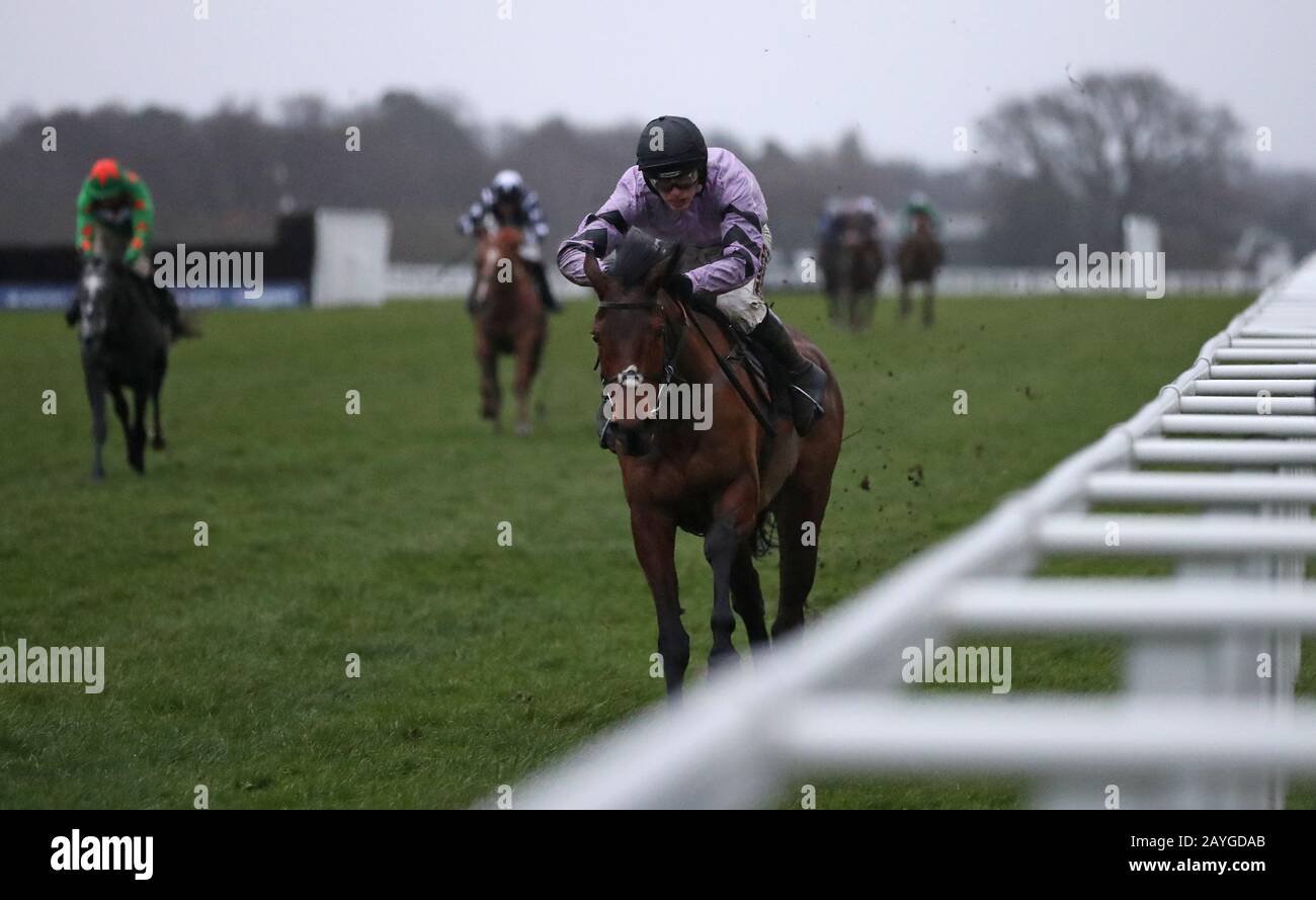 Sabrina est monté par Harry Cobden sur la voie de la victoire lors de la course standard Open National Hunt Flat Race de l'EBF Mares britannique lors de Betfair Ascot Chase Raceday à l'hippodrome d'Ascot. Banque D'Images