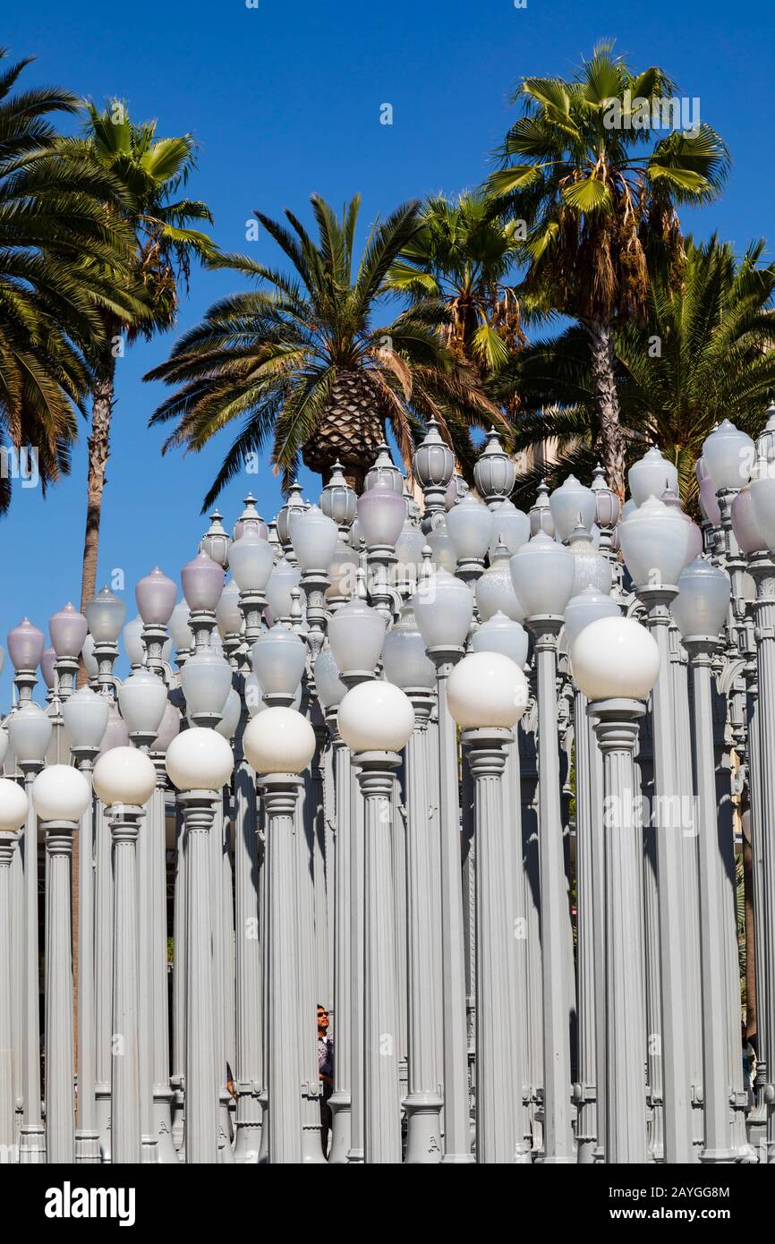Installation de l'art « Urban Light » par Chris Burden au Los Angeles County Museum of Art, LACMA, sur Wilshire Boulevard, LA, Californie, États-Unis Banque D'Images