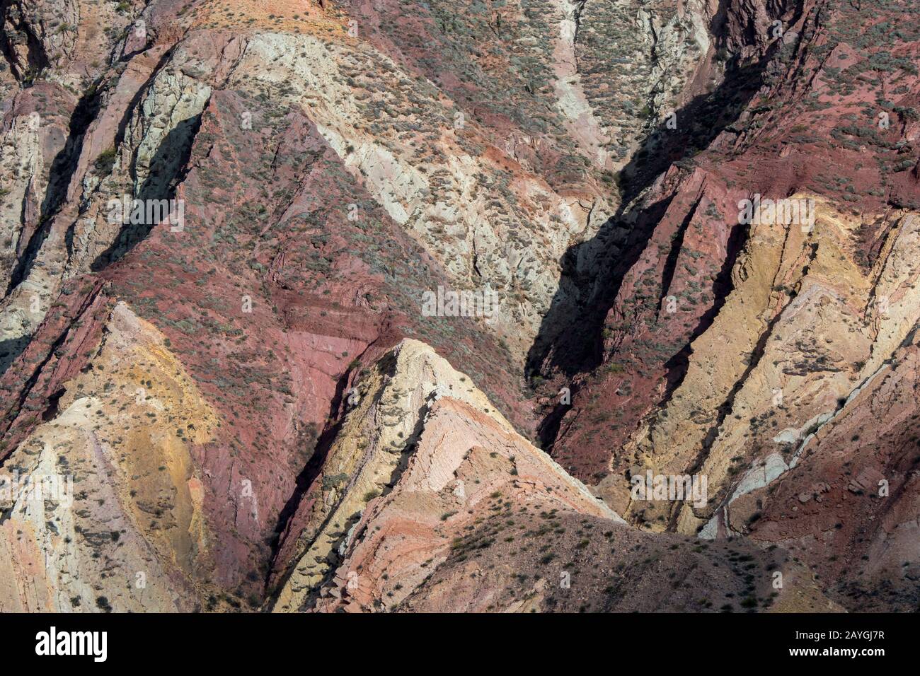 Formations rocheuses colorées et érosion sur une colline dans les Andes près de Purmamarca, province de Jujuy, Argentine. Banque D'Images