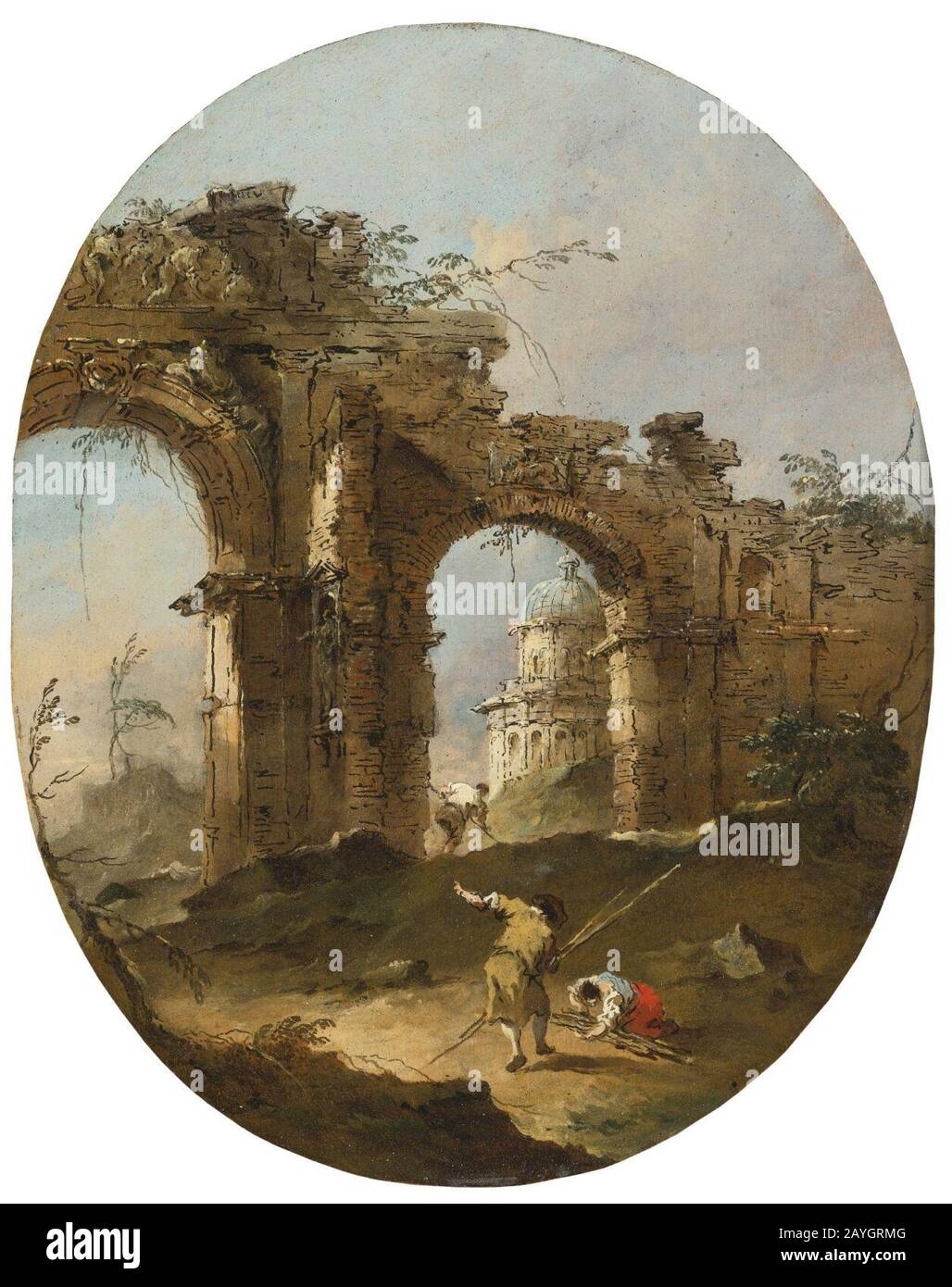 Francesco Lazzaro Guardi (1712 –1793) Un Capriccio architectural avec des figures par une arche ruinée. Banque D'Images