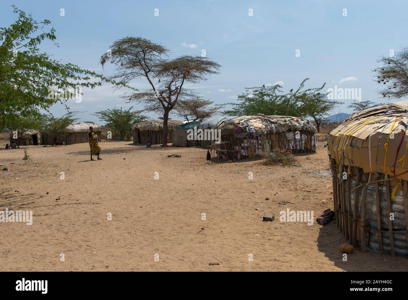 Huttes dans un village de Samburu près De La Réserve nationale de Samburu au Kenya. Banque D'Images