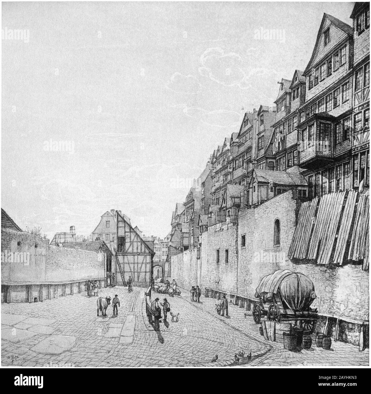 Frankfurt Am Main-Peter Becker-BAAF-007-Der Viehhof und die Hinterhaeuser der Judengasse nach Sueden gesehen-1872. Banque D'Images