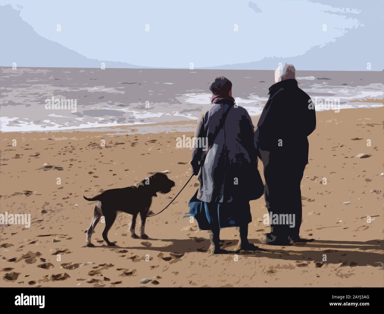 Homme et femme debout sur une plage parlant et regardant la mer avec un chien en laisse Banque D'Images