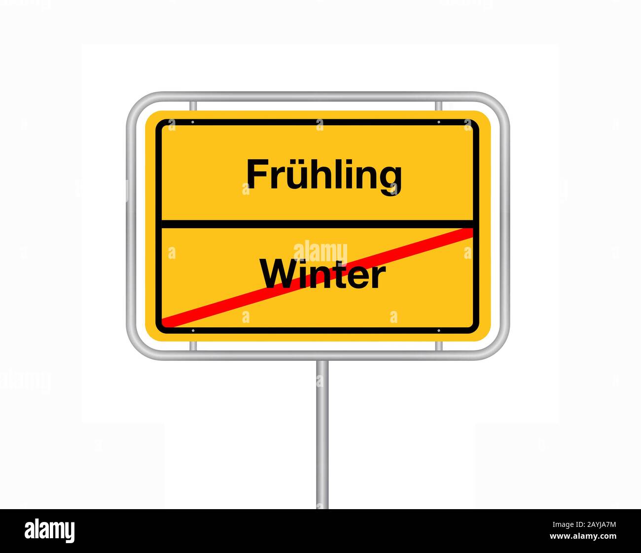 City limit Sign lettering Winter - Fruehling, hiver - printemps, Allemagne Banque D'Images