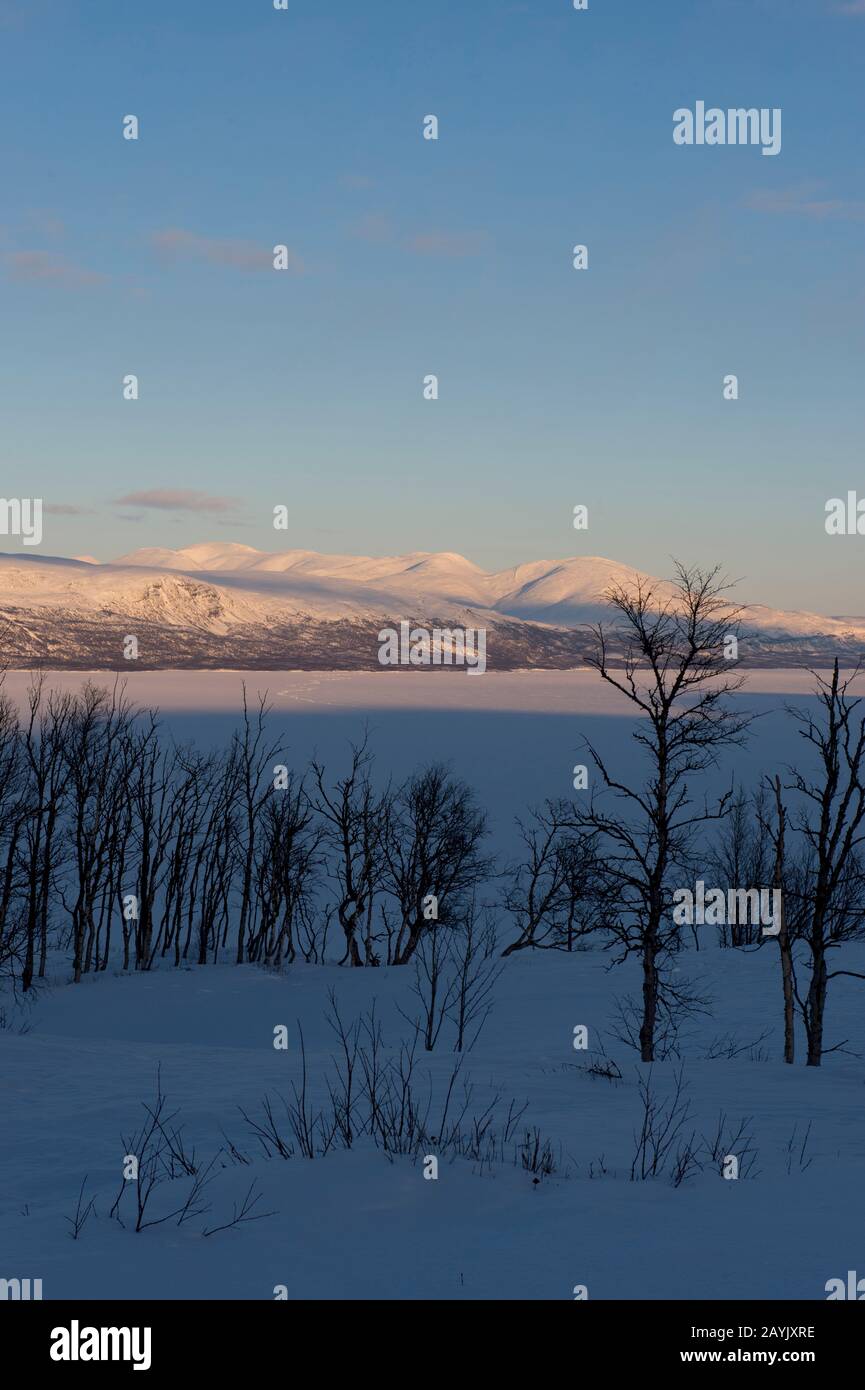 Vue depuis la zone de l'hôtel Fjallet du lac Tornetrask, gelé et enneigé, en Laponie suédoise, dans le nord de la Suède. Banque D'Images