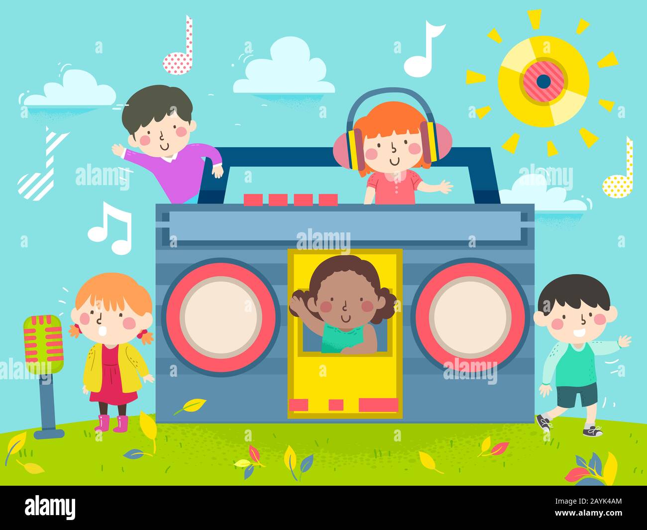 Illustration des enfants Qui Apprécient la musique avec un grand Boom Box À L'Extérieur avec microphone et casque Banque D'Images