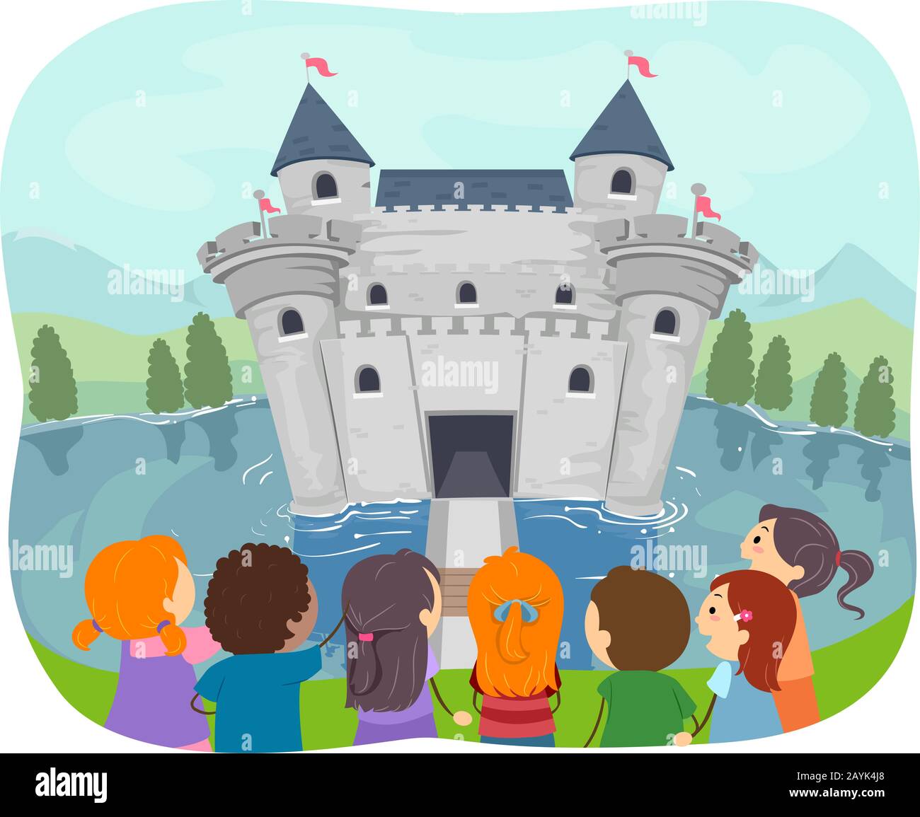 Illustration d'un enfant de type « StickTM » Qui Regarde un château avec Moat Qui L'Entoure Banque D'Images