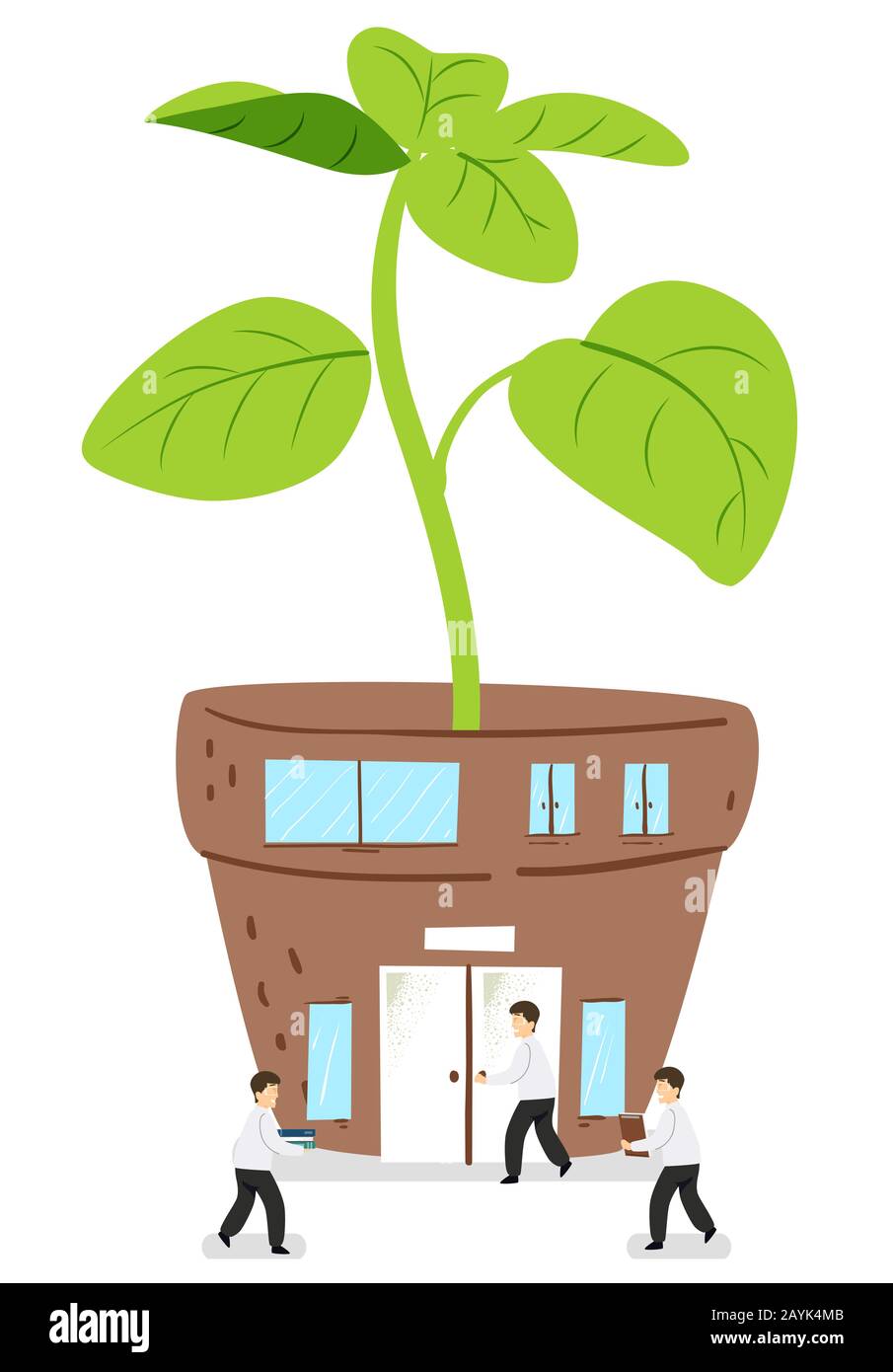 Illustration d'un bâtiment miniature de plante résiné avec une porte et des fenêtres avec des Botanistes marchant Banque D'Images