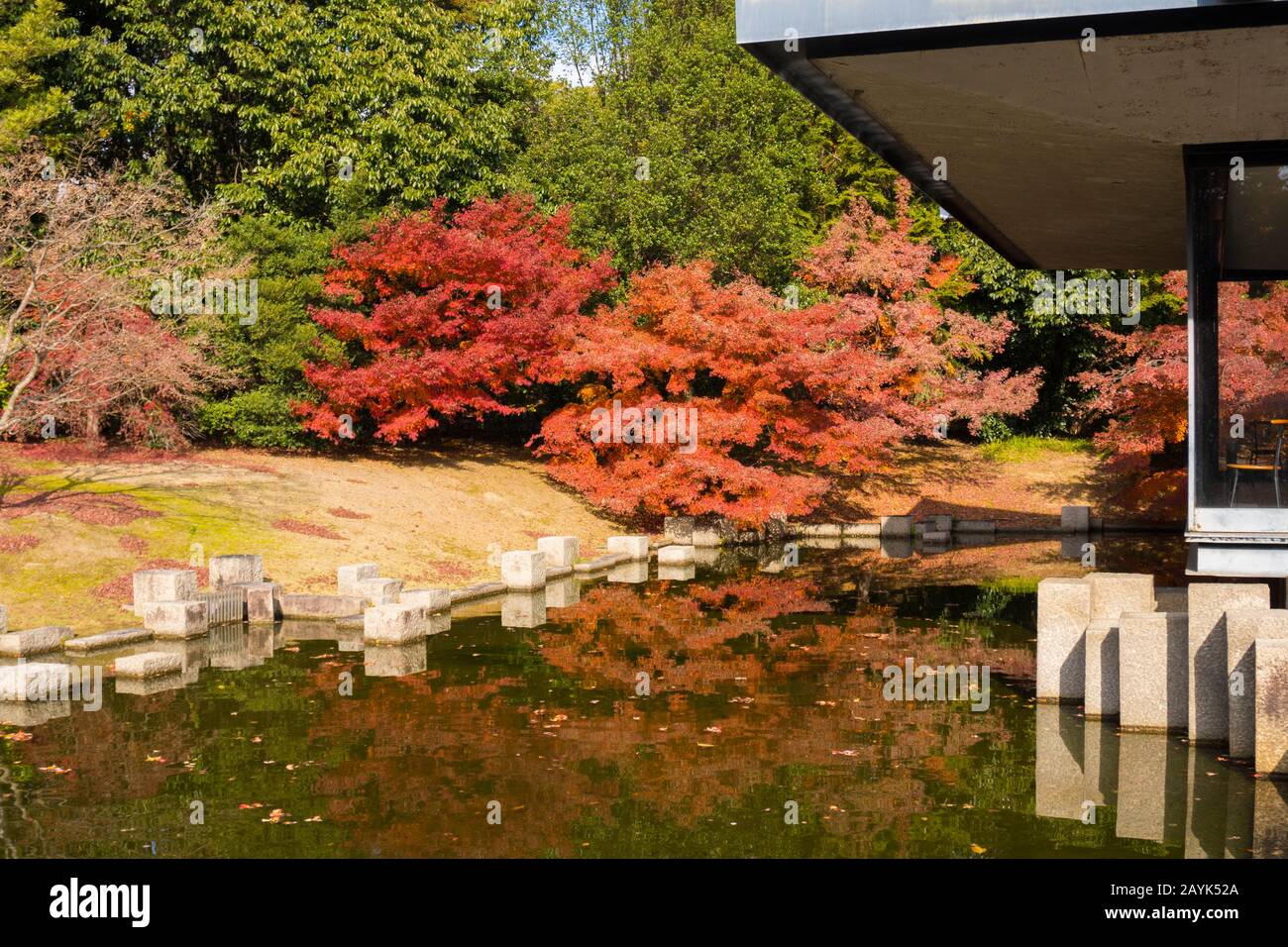 Osaka, Japon - Décembre 2019 : Maple Trees And Stone Pavilion Avec Perfect Water Reflection In Japanese Garden Banque D'Images
