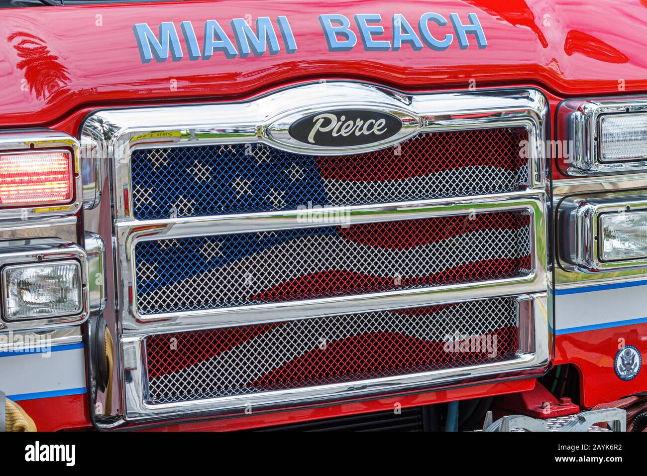 Miami Beach Florida, camion de pompiers, grill, drapeau, patriotique, les visiteurs voyage touristique touristique touristique repère culturel, vaca Banque D'Images