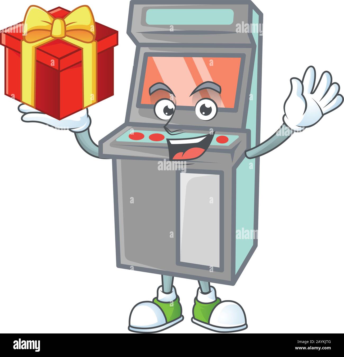 personnage de dessin animé de la machine de jeux d'arcade avec une boîte de cadeau Illustration de Vecteur