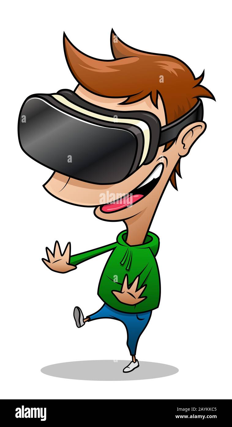 Garçon portant des lunettes de réalité virtuelle ayant du plaisir, jouer à VR jeu. Illustration de dessin animé isolée sur fond blanc. Illustration de Vecteur