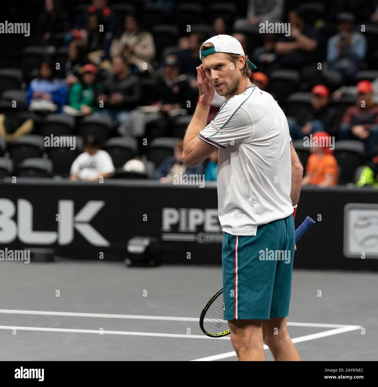 Hempstead, États-Unis. 15 février 2020. Andreas Seppi d'Italie sert pendant le match semi-inal contre Jason Jung de Taipei à l'ATP 250 New York Open 2020 tournoi de tennis à Nassau Coliseum, Seppi a remporté le match (photo de Lév Radin/Pacific Press) crédit: Pacific Press Agency/Alay Live News Banque D'Images