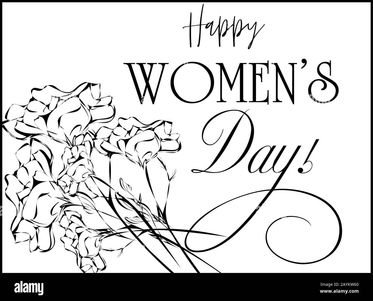 Carte postale noire et blanche avec œillets de style rétro, texte « Happy Women's Day » Illustration de Vecteur