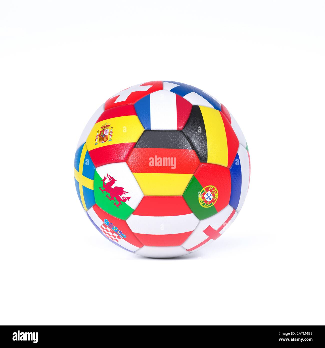 Football coloré ou ballon de football sur blanc décoré avec les drapeaux nationaux des pays en compétition dans les championnats ou la coupe du monde Banque D'Images