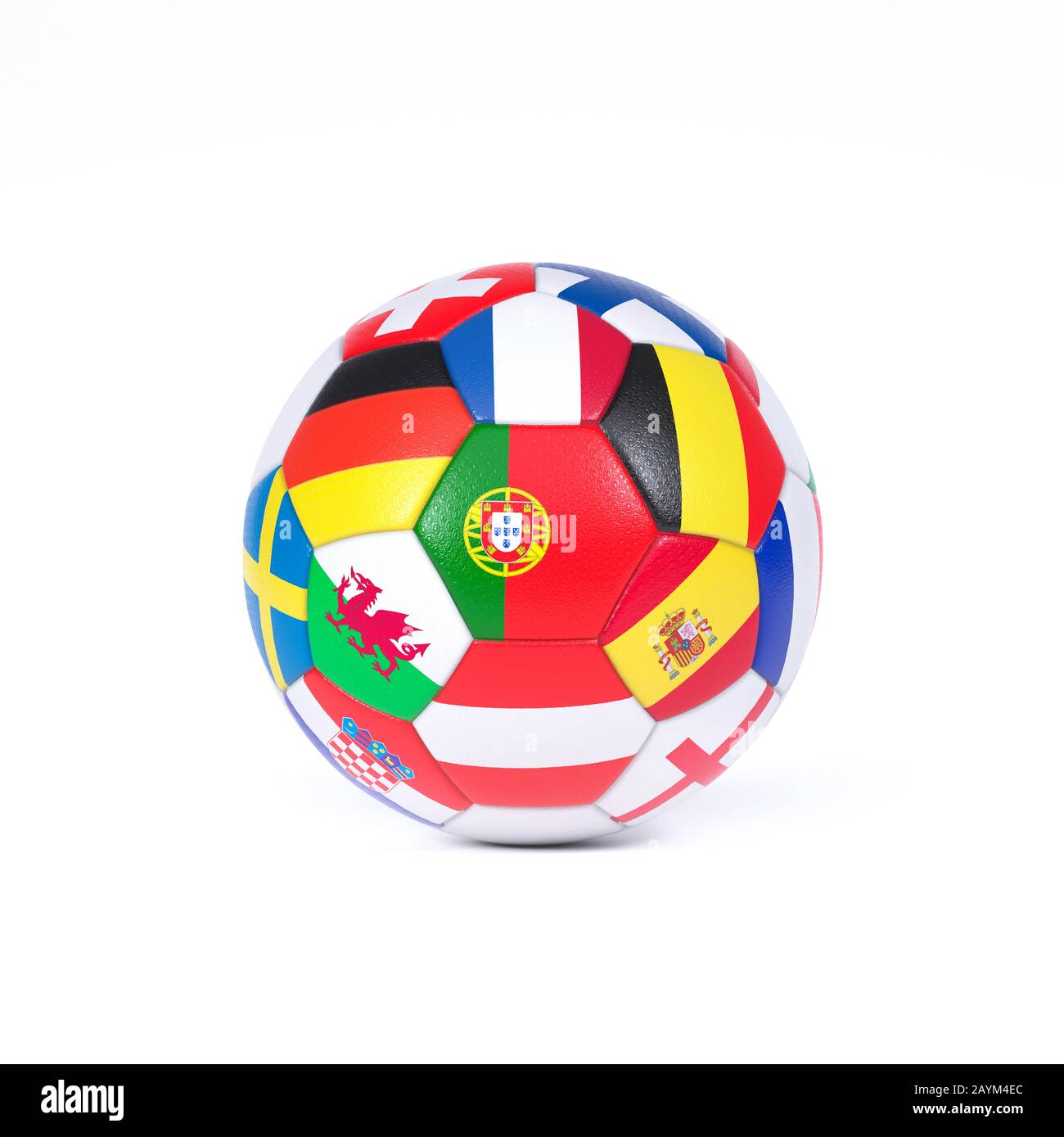 Football ou ballon de football décoré avec les drapeaux nationaux des équipes en compétition dans le championnat ou la coupe du monde sur blanc Banque D'Images