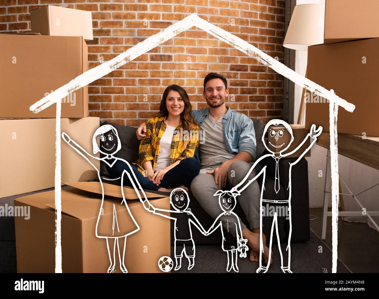 Un couple heureux veut avoir une famille dans une nouvelle maison. Concept de succès, de changement, de positivité et d'avenir Banque D'Images