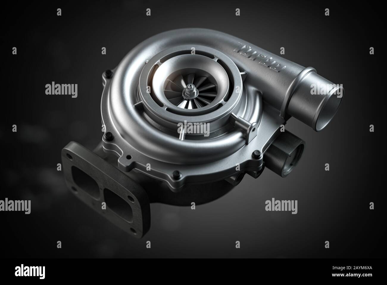 Turbocompresseur de voiture sur fond noir. Concept de technologie de moteur turbo à partie automatique. illustration tridimensionnelle Banque D'Images