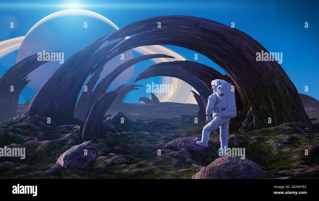 astronaute explorant le paysage de la planète étrangère, d'étranges formations rocheuses à la surface d'une exoplanète Banque D'Images