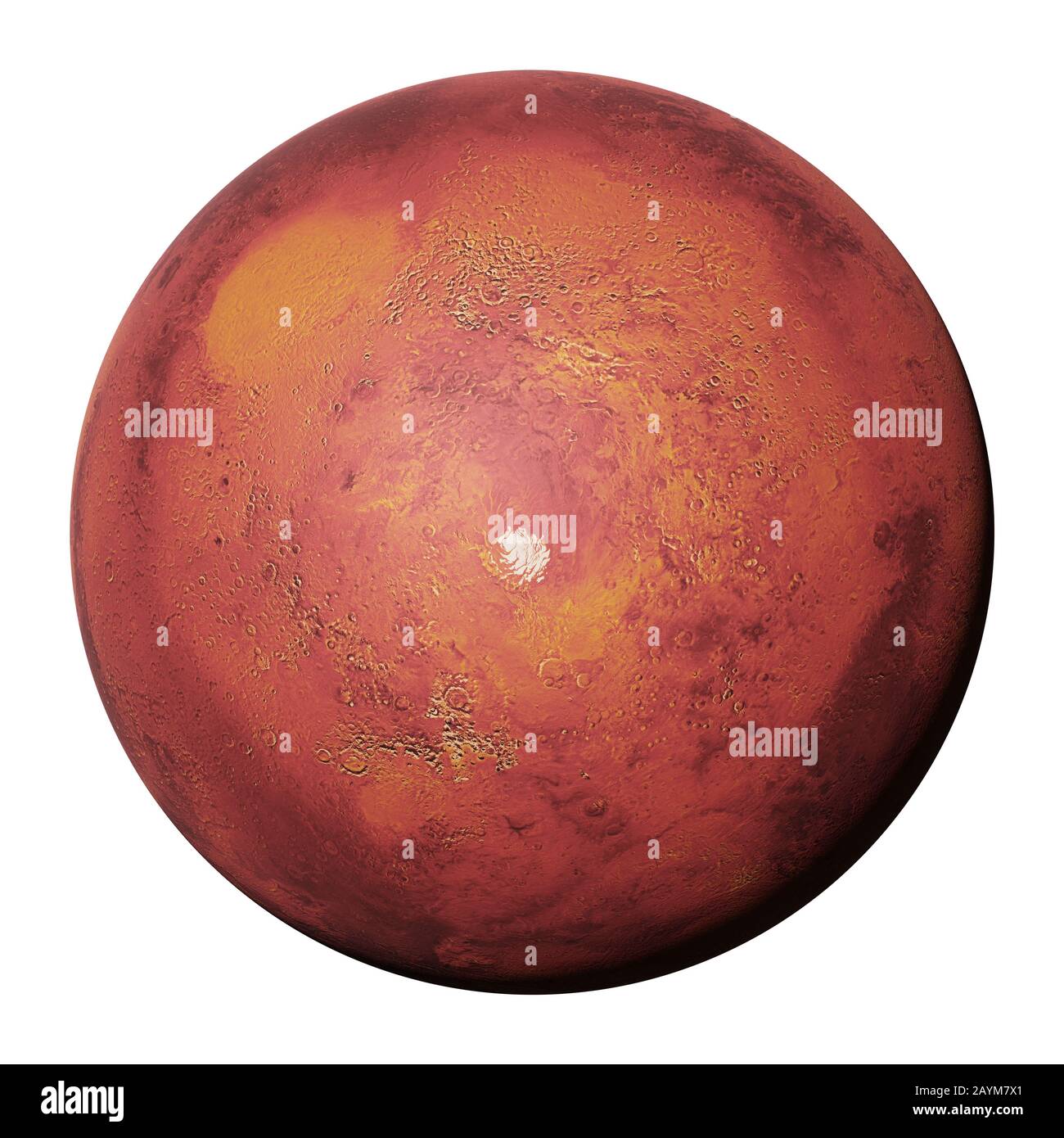 Planète Mars, planète rouge avec calotte glaciaire polaire sud isolée sur fond blanc Banque D'Images