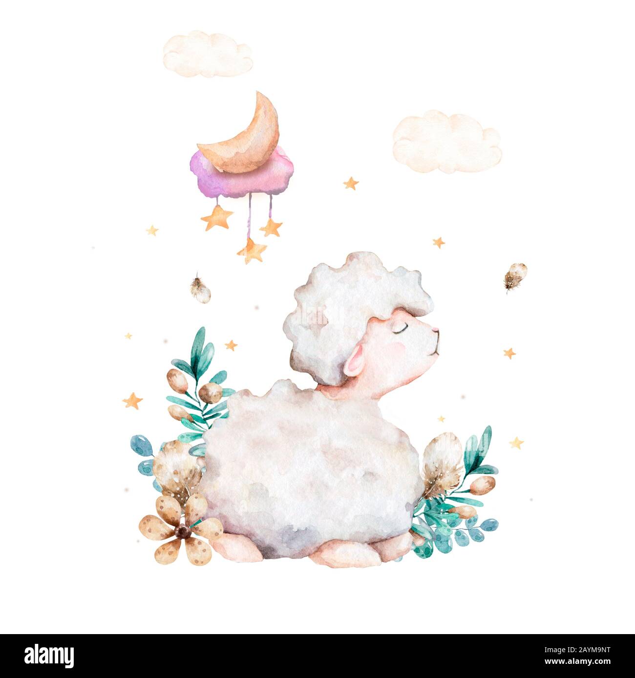 Doux Dessin Anime Bebe Mouton Avec Etoiles Et Papillon Aquarelle Dessin Anime A La Main Sur Fond Blanc Isole Photo Stock Alamy