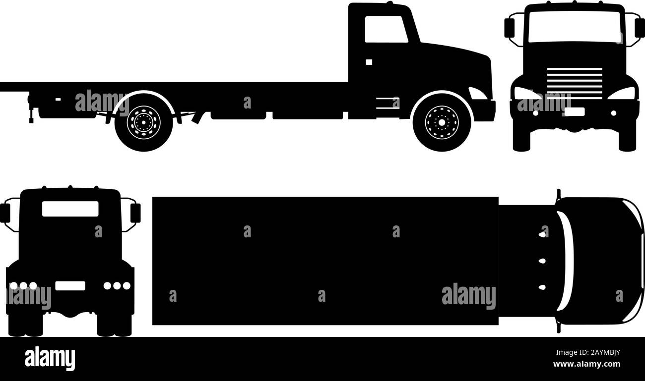 Silhouette de camion à plat sur fond blanc. Les icônes du véhicule définissent la vue du côté, de l'avant, de l'arrière et du haut Illustration de Vecteur
