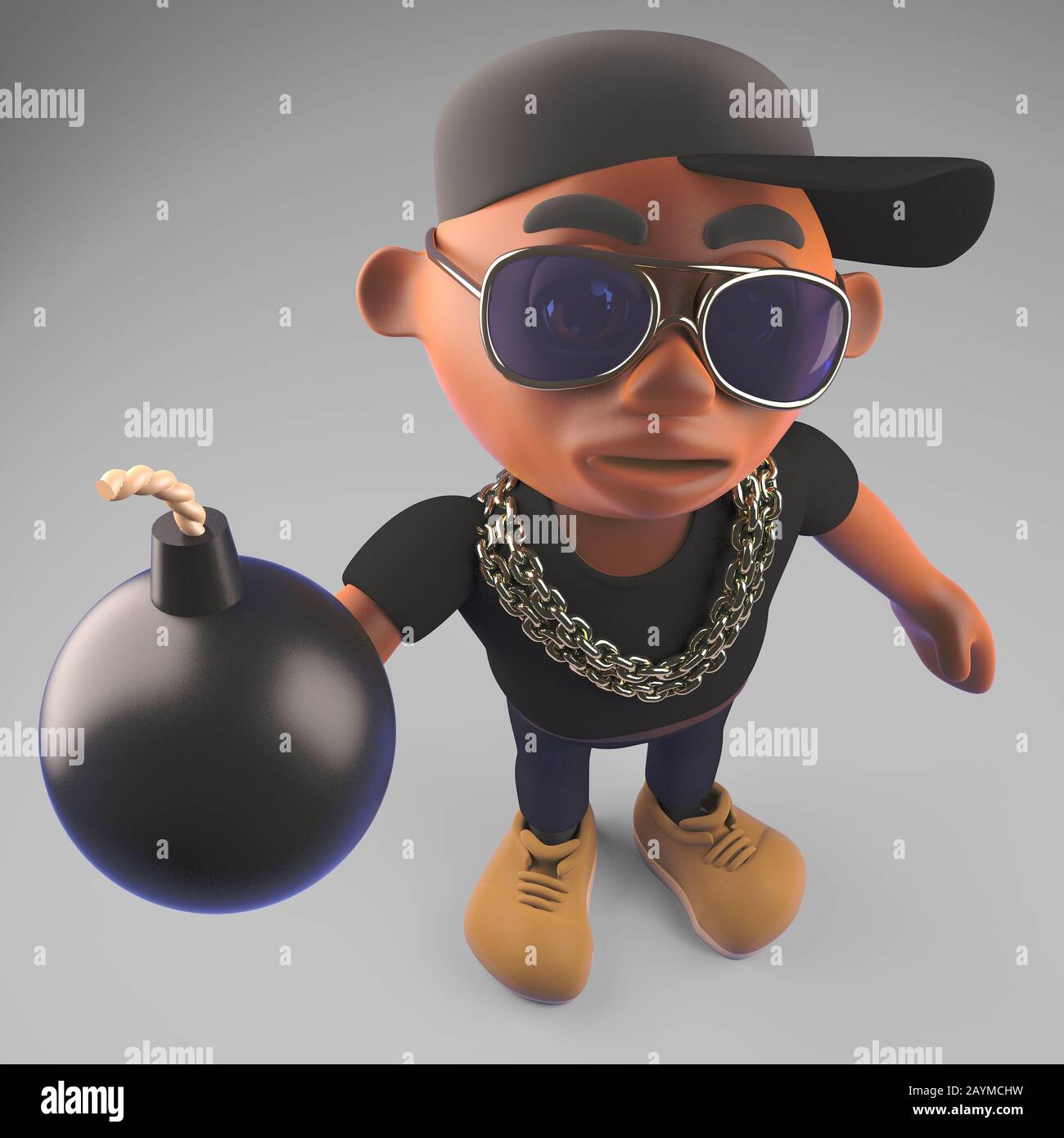 Un artiste cool de rap hiphop noir dans une casquette de baseball tenant une bombe, illustration tridimensionnelle rendu Banque D'Images