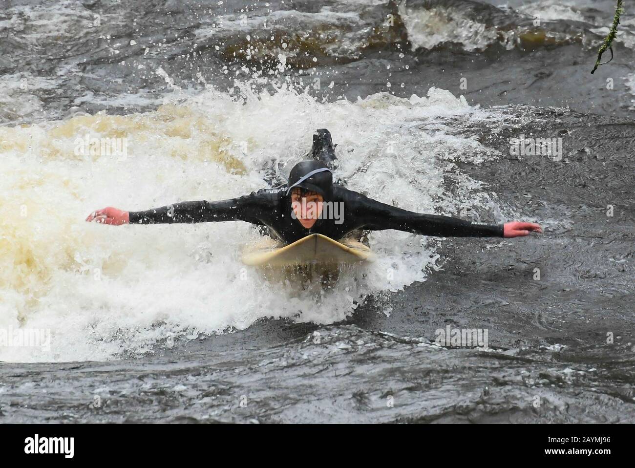 Newbridge, Dartmoor, Devon, Royaume-Uni. 16 février 2020. Météo britannique. Un surfeur profitant des conditions extrêmes de l'eau d'inondation de Storm Dennis alors qu'il surfe les rapides sur la rivière Dart à Newbridge sur Dartmoor. Crédit Photo : Graham Hunt/Alay Live News Banque D'Images