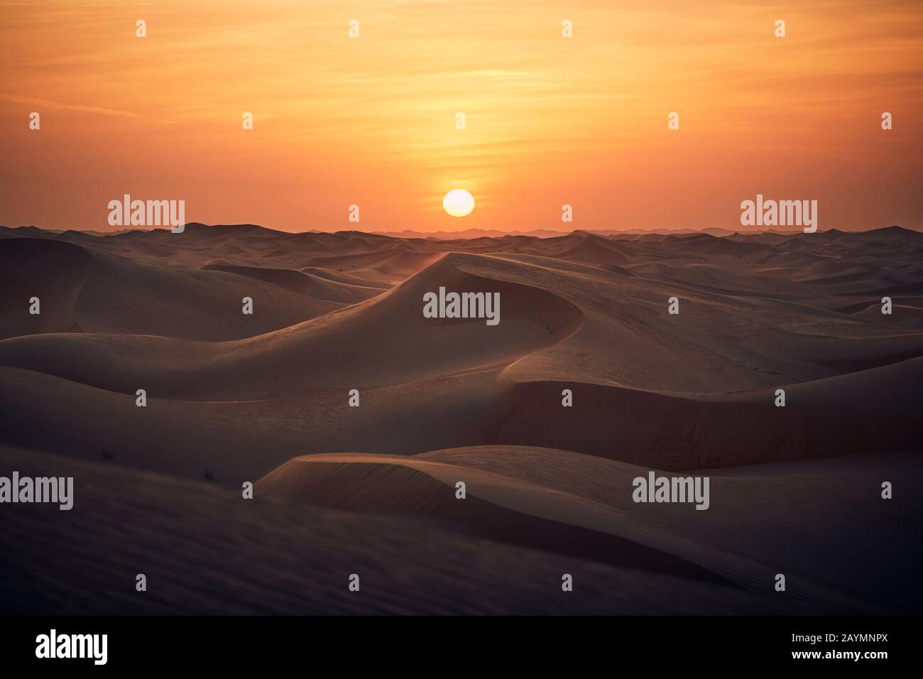 Dunes de sable dans le désert paysage au beau coucher du soleil. Abu Dhabi, Émirats Arabes Unis Banque D'Images